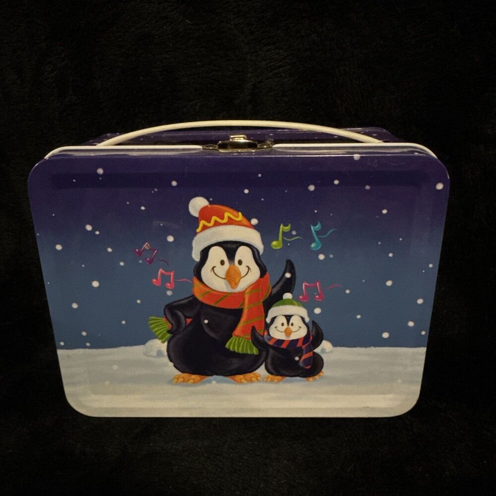 Vintage 90s Christmas Holiday Mini Tin Lunch Box Penguins
